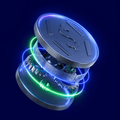 Futuristic coin with a dollar symbol, surrounded by colorful neon rings, revealing mechanical gears inside against a dark blue background.