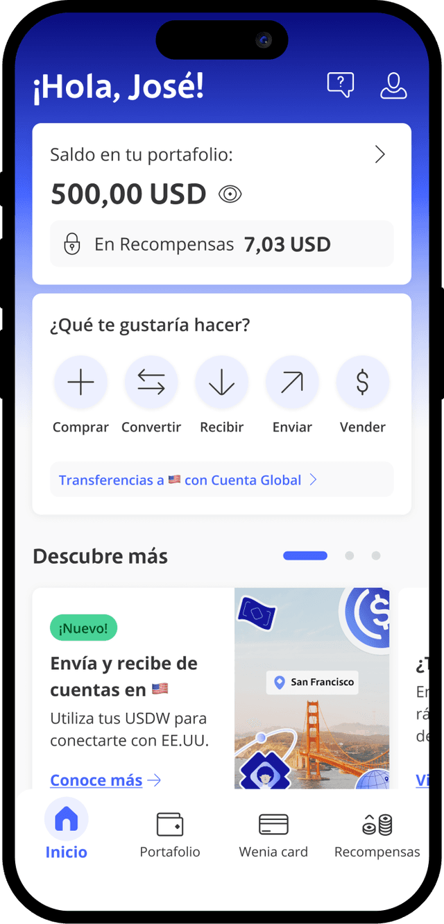 Mobile app interface in Spanish showing a user's wallet balance of 500 USD and reward points. Options include Buy, Convert, Receive, Send, and Sell.