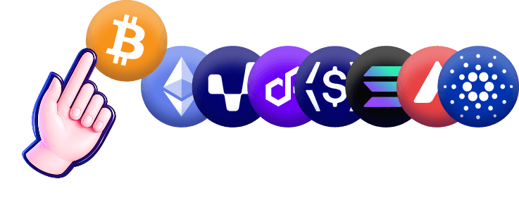 A hand pointing to a row of cryptocurrency logos, including Bitcoin, Ethereum, and others, on a gradient background.