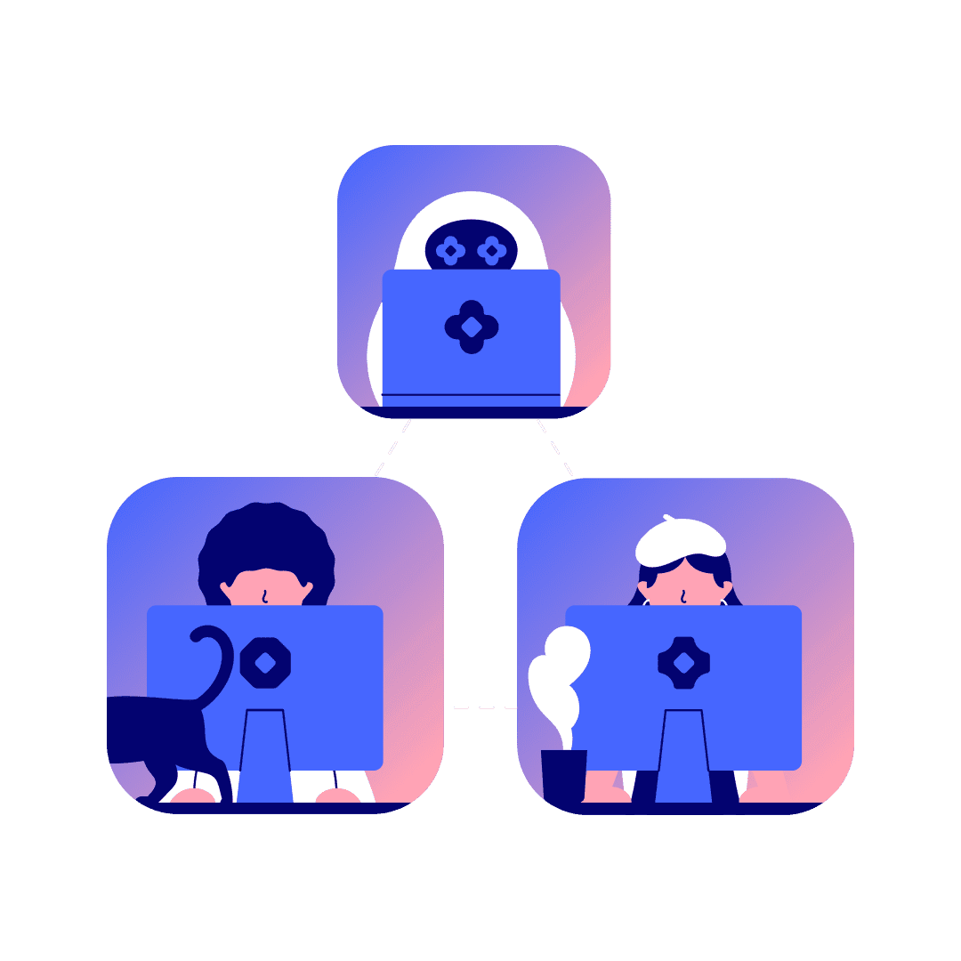 Dos personas y un robot, en un computador comprando criptoactivos
