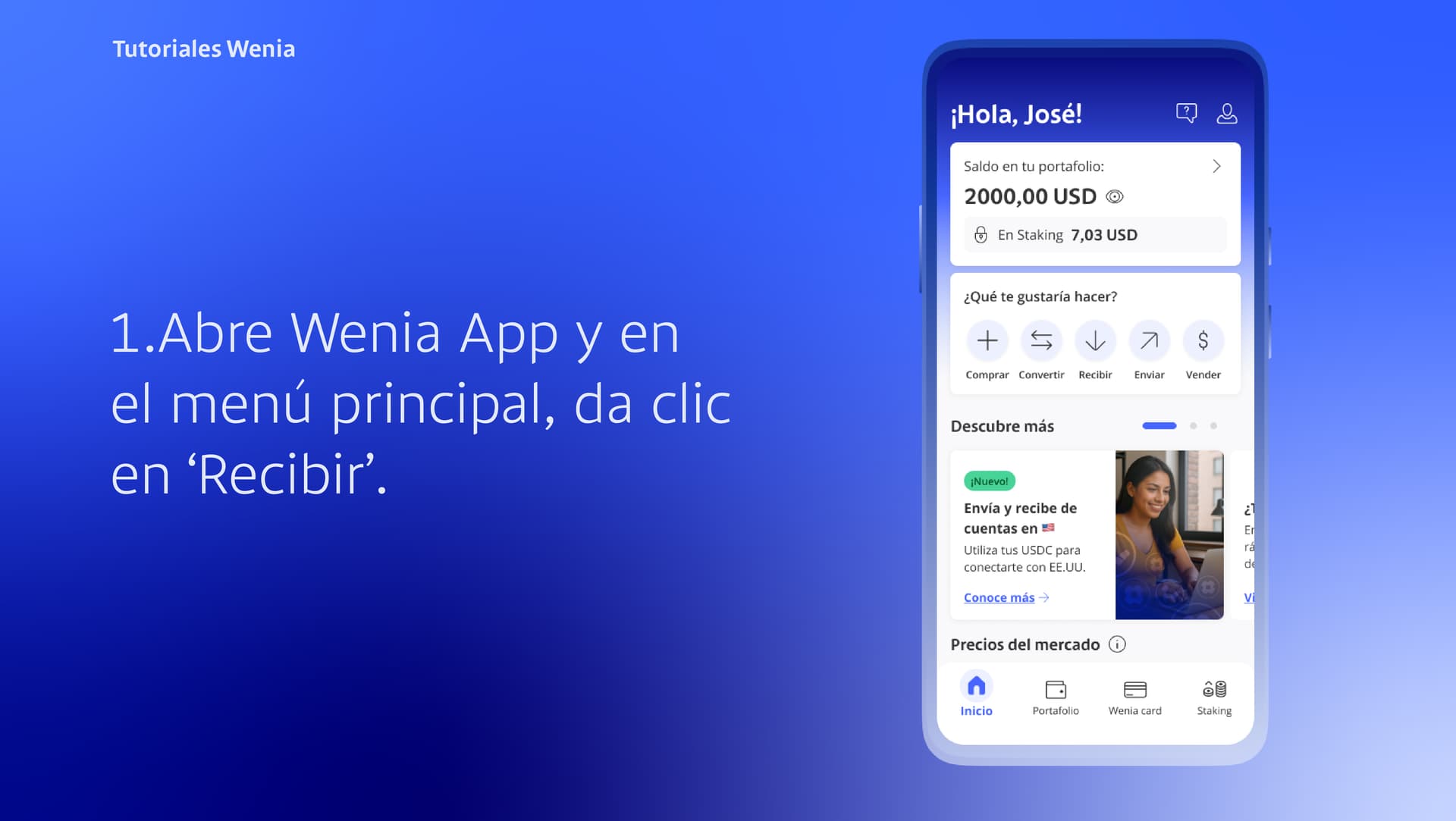Interfaz de Wenia App mostrando el menú principal