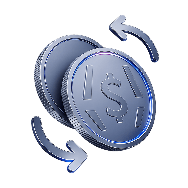 Two metallic coins with dollar signs are surrounded by circular arrows, symbolizing currency exchange or financial transactions.