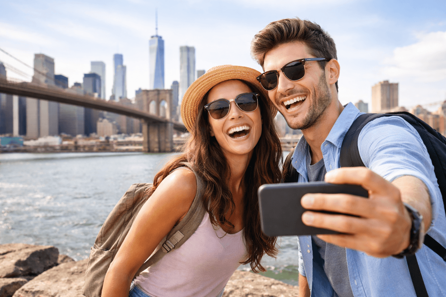 A couple takes a selfie with sunglasses on, enjoying a sunny day by the Brooklyn Bridge and New York City skyline in the background.
