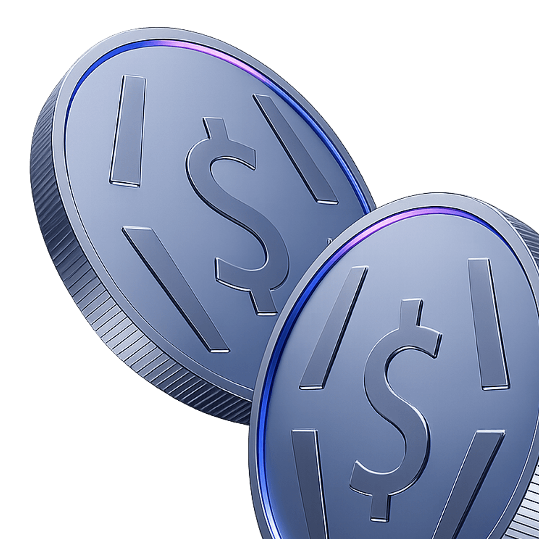 Two metallic coins with dollar signs and vertical lines, featuring a glossy blue and purple gradient on their surfaces.