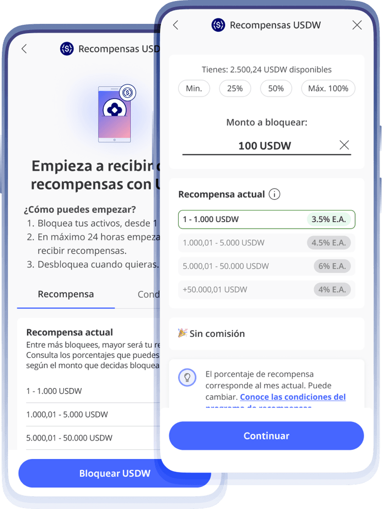 Two mobile screens show a USDW rewards app interface. Users can block amounts to earn different interest rates, with options to block 100 USDW.