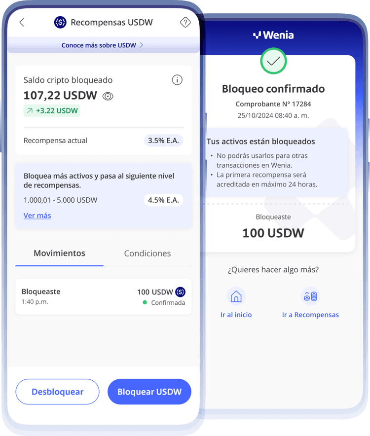 Mobile app screens showing locked crypto balance in USDW with options to block or unblock rewards. Confirmation of 100 USDW block.