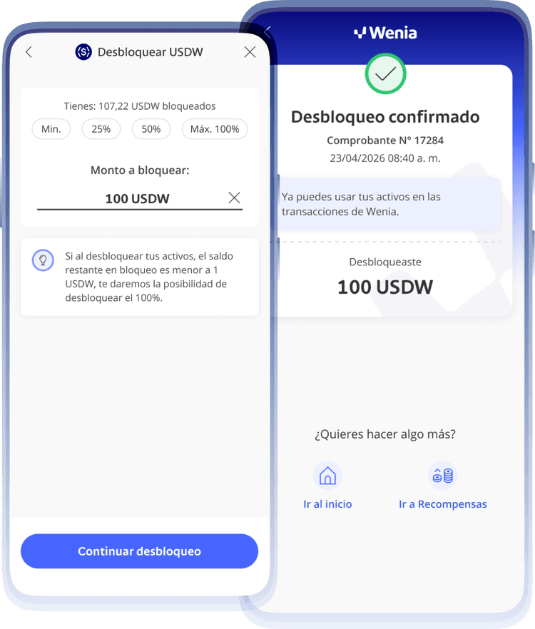 Mobile app screens showing USDW unlocking process, including 100 USDW transaction confirmation on Wenia, with options to continue.